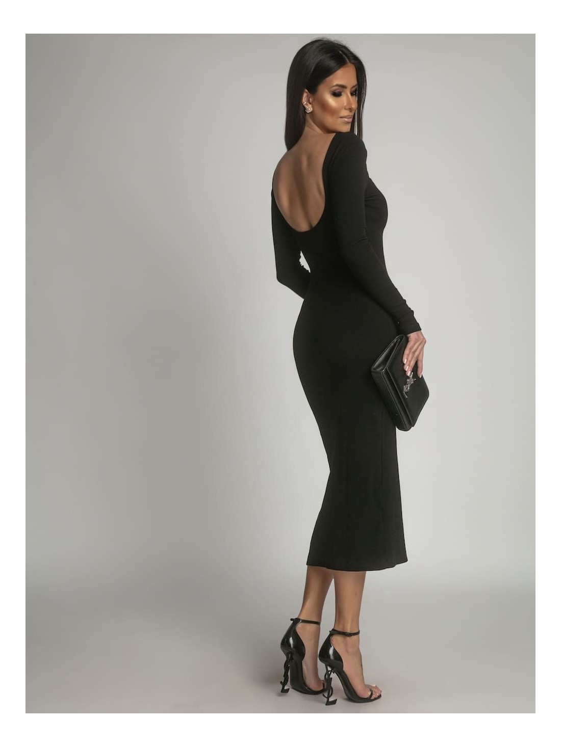 Ribbed dress with a low back, black FG673